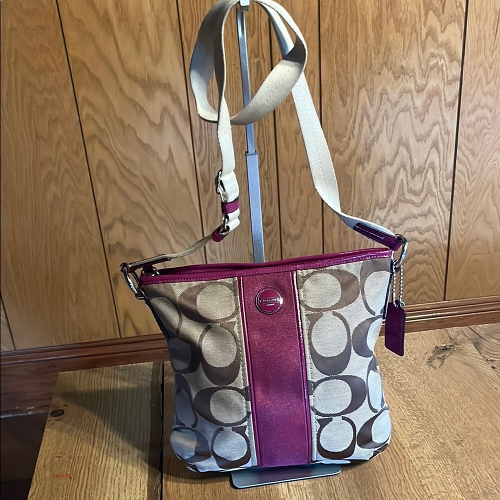 Coach Purple and Cream Shoulder Bag with Signature Style